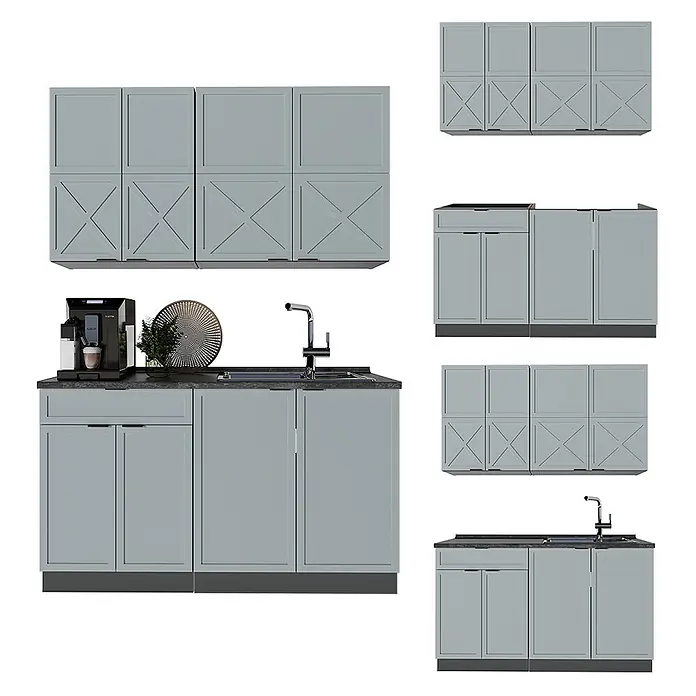 Vicco Singleküche Fame-Line Hellblau-grau/Anthrazit, AP Anthrazit - Breite: 140 cm, Hellblau-grau, Mit AP Anthrazit - Hellgraues Küchenschrankset mit Wand- und Unterschränken, teils mit X-Muster Türen. Inklusive Spüle und Arbeitsplatte.