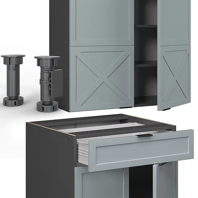 Vicco Singleküche Fame-Line Hellblau-grau/Anthrazit, AP Anthrazit - Breite: 140 cm, Hellblau-grau, Mit AP Anthrazit - Modulare Küchenschrankmontage: dunkelgraue Rahmen, hellgraue X-Plattentüren/Schubladen und verstellbare Beine.