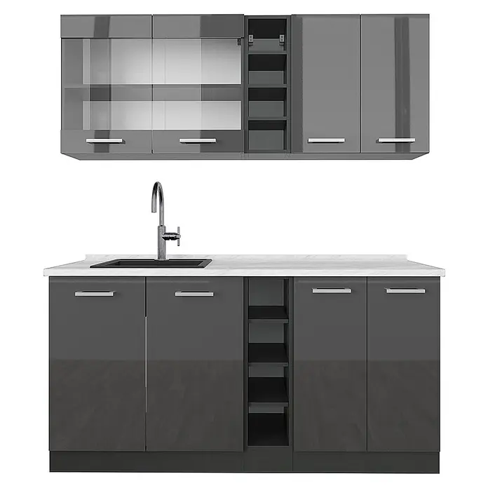 Vicco Singleküche R-Line Anthrazit Hochglanz/Anthrazit, AP Marmor - Breite: 160 cm, Anthrazit Hochglanz, Mit AP Marmor - Glänzendes graues Küchenschrank-Set mit weißer Arbeitsplatte, Spüle und Wasserhahn. Mit Glastüren und offenen Regalen.