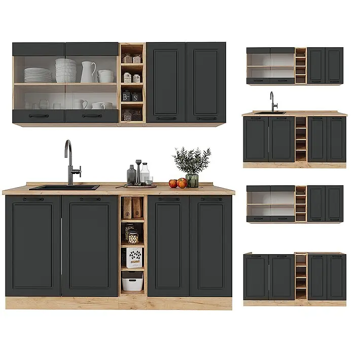 Vicco Singleküche R-Line Anthrazit Landhaus/Goldkraft Eiche ohne Arbeitsplatte - Anthrazit Landhaus, Ohne AP - Modulare Küchenschränke in Dunkelgrau mit hellen Holzdetails, inklusive Glastüren und offenen Regalen.