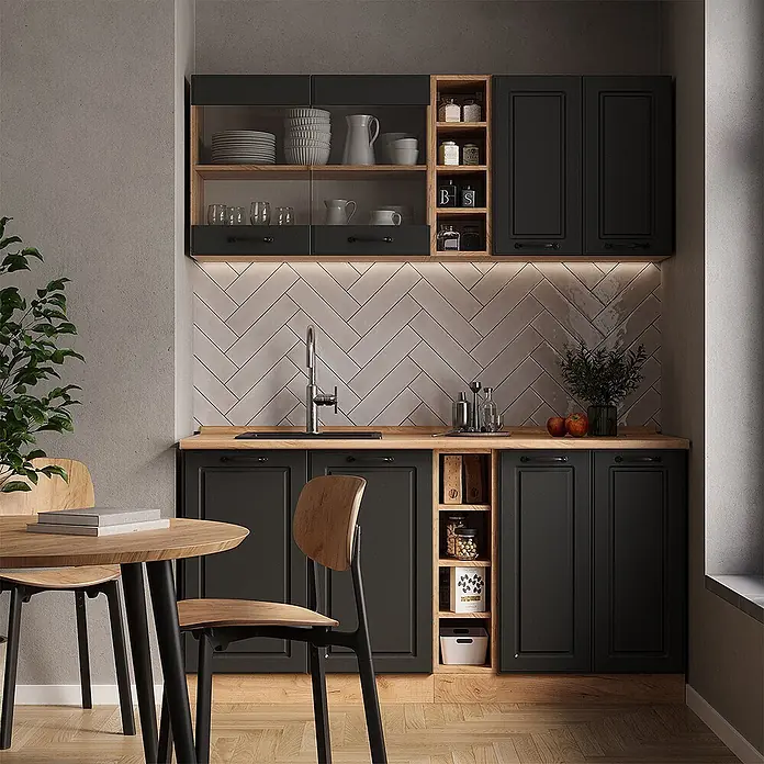 Vicco Singleküche R-Line Anthrazit Landhaus/Goldkraft Eiche ohne Arbeitsplatte - Anthrazit Landhaus, Ohne AP - Moderne schwarze Küchenschränke mit Holz-Arbeitsplatten und offenen Regalen in einem minimalistischen Essbereich.