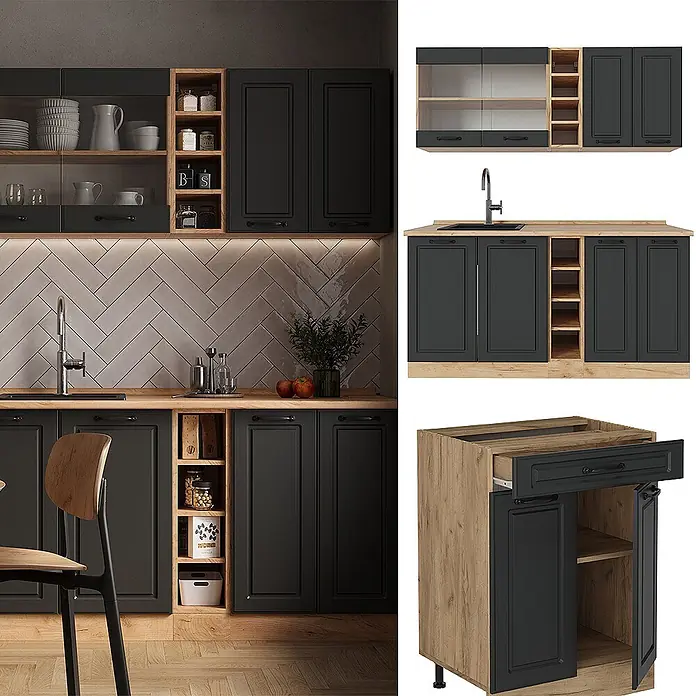 Vicco Singleküche R-Line Anthrazit Landhaus/Goldkraft Eiche ohne Arbeitsplatte - Anthrazit Landhaus, Ohne AP - Schwarze Küchenschränke mit hellen Holzoptik-Regalen und Arbeitsplatten, in einer modernen Küche.