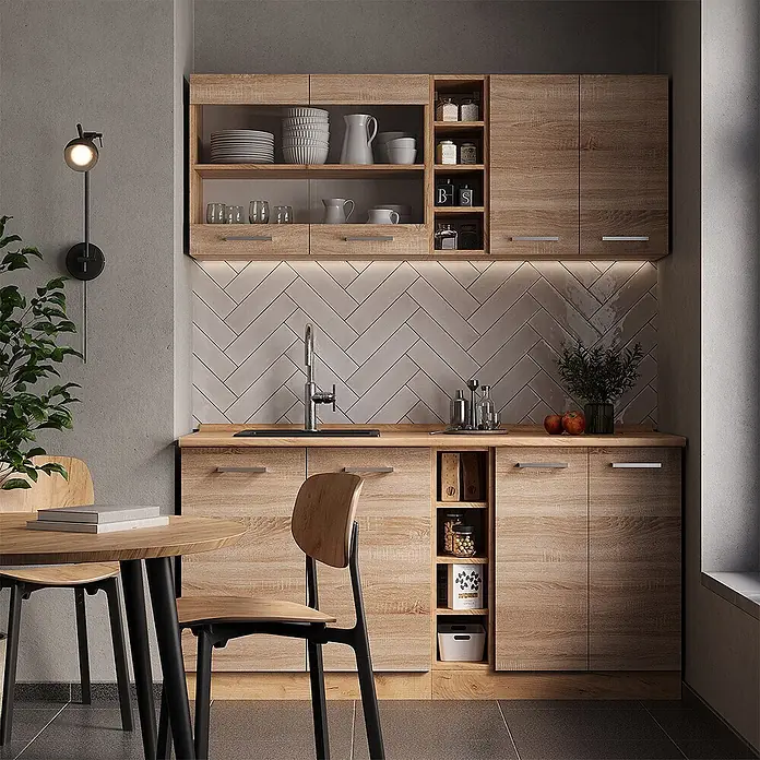 Vicco Singleküche R-Line Sonoma/Goldkraft Eiche, AP Anthrazit - Sonoma, Mit AP Anthrazit - Modulare Küchenschränke und Arbeitsplatte in heller Holzoptik mit integrierter Beleuchtung in modernem Ambiente.