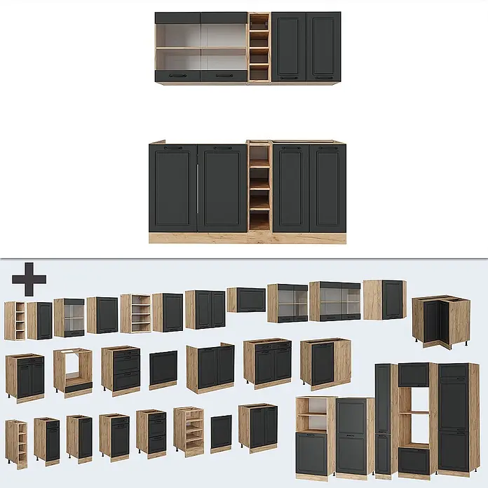 Vicco Singleküche R-Line Anthrazit Landhaus/Goldkraft Eiche ohne Arbeitsplatte - Anthrazit Landhaus, Ohne AP - Modulare Küchenschränke mit dunkelgrauen Fronten und hellen Holzdetails.