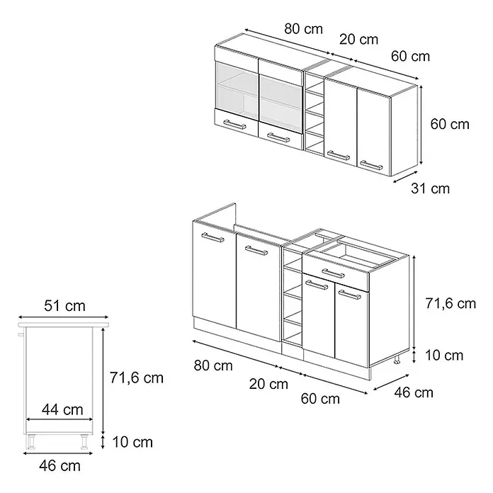 Vicco Singleküche R-Line Sonoma/Goldkraft Eiche, AP Anthrazit - Sonoma, Mit AP Anthrazit - Weiße Küchenschränke (Ober- und Unterschränke) mit Maßen. Mit Schubladen, Türen und offenen Regalen.