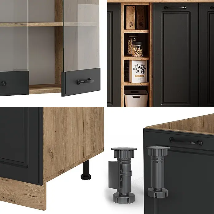 Vicco Singleküche R-Line Anthrazit Landhaus/Goldkraft Eiche ohne Arbeitsplatte - Anthrazit Landhaus, Ohne AP - Dunkelgraue und helle Holz-Küchenschrankkomponenten: Oberschrank mit Glastüren, offene Regale, Unterschrank und verstellbare Füße.