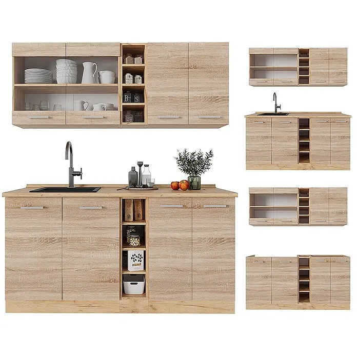Vicco Singleküche R-Line Sonoma/Goldkraft Eiche, AP Anthrazit - Sonoma, Mit AP Anthrazit - Helle Holzoptik-Küchenmöbel mit Ober- und Unterschränken, Spülbereich und offenen Regalen.