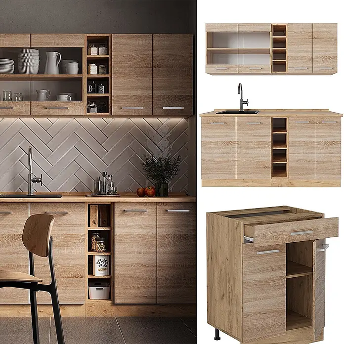 Vicco Singleküche R-Line Sonoma/Goldkraft Eiche, AP Anthrazit - Sonoma, Mit AP Anthrazit - Küchenschränke aus hellem Holz mit Ober- und Unterschränken, inkl. Spülbeckenunterschrank. Mit offenen Regalen und Schubladen.