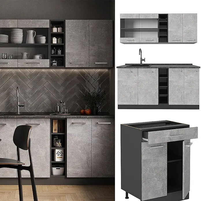 Vicco Singleküche R-Line Beton/Anthrazit ohne Arbeitsplatte - Breite: 160 cm, Beton, Ohne AP - Modernes graues Küchenschrank-Set mit Betonoptik-Türen und dunkelgrauen offenen Regalen, für vielseitige Aufbewahrung.