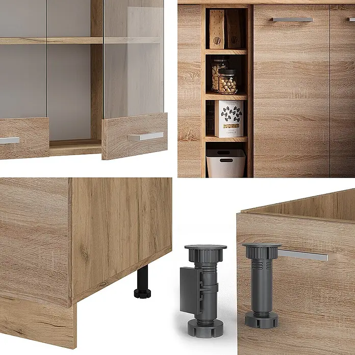Vicco Singleküche R-Line Sonoma/Goldkraft Eiche, AP Anthrazit - Sonoma, Mit AP Anthrazit - Modulares Möbelset in heller Holzoptik mit Schränken, Glastüren, offenen Regalen und verstellbaren Füßen.