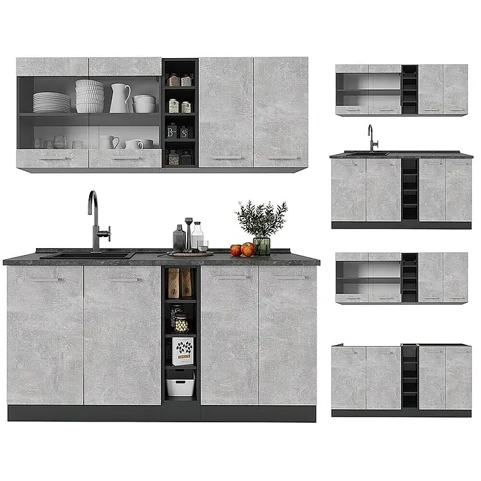 Vicco Singleküche R-Line Beton/Anthrazit ohne Arbeitsplatte - Breite: 160 cm, Beton, Ohne AP - Moderne graue Küchenzeile im Beton-Look mit dunklen offenen Regalen, Spüle und Arbeitsplatte. Bestehend aus Ober- und Unterschränken.