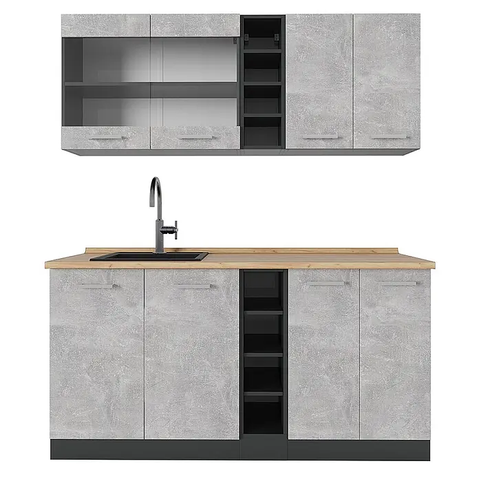 Vicco Singleküche R-Line Beton/Anthrazit ohne Arbeitsplatte - Breite: 160 cm, Beton, Ohne AP - Moderne Küchenzeile mit grauen Betonoptik-Fronten, einer Holzoptik-Arbeitsplatte und schwarzem Spülbecken.