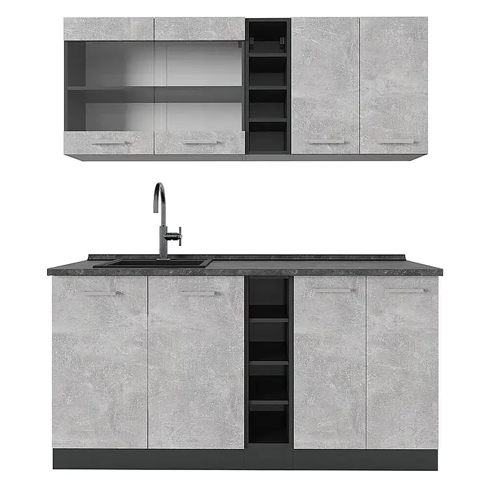 Vicco Singleküche R-Line Beton/Anthrazit, AP Anthrazit - Breite: 160 cm, Beton, Mit AP Anthrazit - Graues Küchenschrankset mit Spüle, Steinoptik, offenen Regalen und oberen Vitrinenschränken.