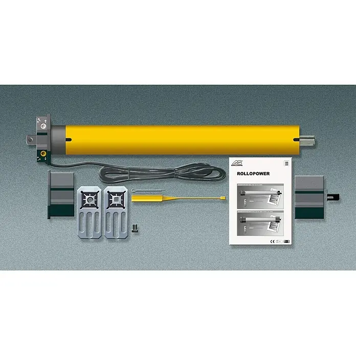 Schellenberg Motor tubular Maxi Comfort - Superficie de persiana enrollable máx.: 8,5 m² para persianas de plástico, Fuerza de tracción: 34 kg - Imagen del producto de un motor de persiana enrollable Schellenberg, amarillo y gris, con accesorios y manual de instrucciones.