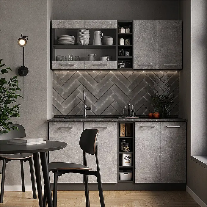 Vicco Singleküche R-Line Beton/Anthrazit, AP Eiche - Breite: 160 cm, Beton, Mit AP Eiche - Moderne graue Modulküche mit Betonoptik-Schränken, dunkler Arbeitsplatte und Fischgrät-Rückwand.