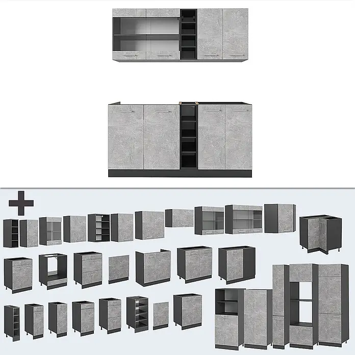 Vicco Singleküche R-Line Beton/Anthrazit ohne Arbeitsplatte - Breite: 160 cm, Beton, Ohne AP - Modulares Küchenschrank-Set in hellgrauer Betonoptik mit dunkelgrauen Sockeln und Innenregalen, einzeln und als montierte Einheiten dargestellt.