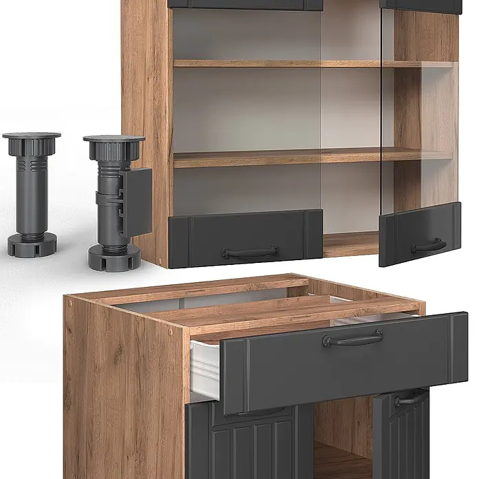 Vicco Singleküche Fame-Line Dunkelgrau, AP Eiche - Dunkelgrau, Mit AP Eiche - Modulares Holzschrank-System mit dunkelgrauen Fronten, Glastüren und verstellbaren Füßen, mit offener Schublade.