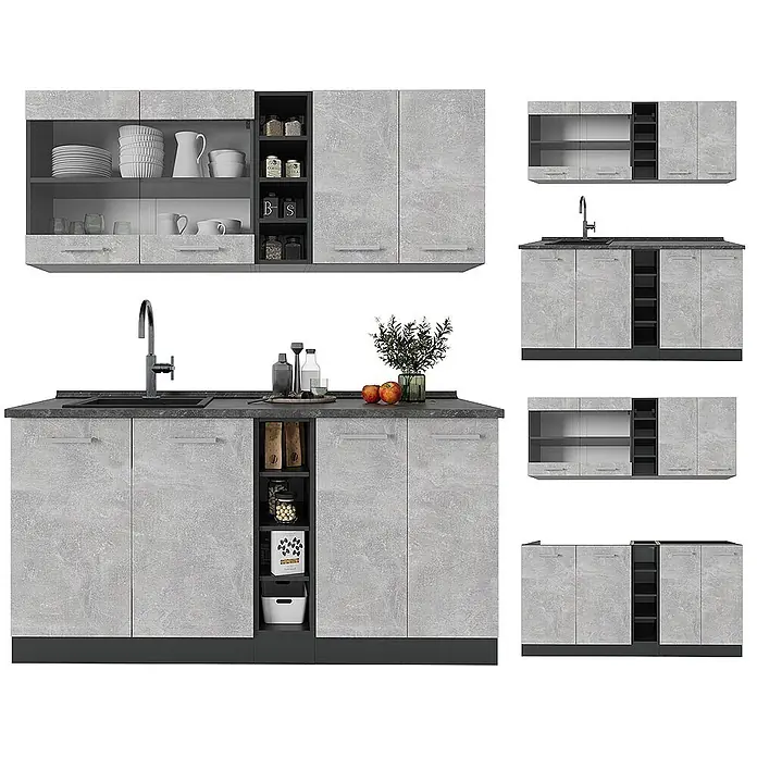 Vicco Singleküche R-Line Beton/Anthrazit, AP Eiche - Breite: 160 cm, Beton, Mit AP Eiche - Modulares Küchenset in Hellgrau Betonoptik. Mit Ober- und Unterschränken, dunkelgrauer Arbeitsplatte mit Spüle und offenen Fächern.
