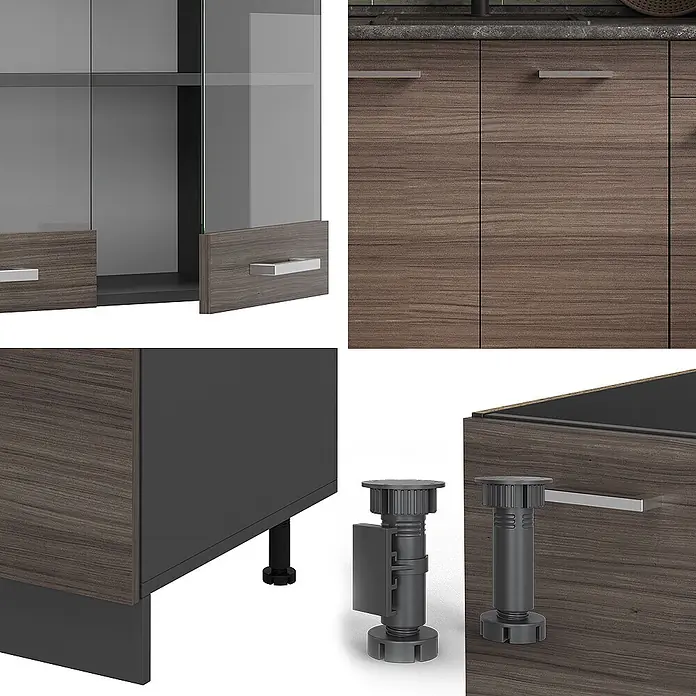 Vicco Singleküche R-Line Edelgrau/Anthrazit, AP Anthrazit - Breite: 140 cm, Edelgrau, Mit AP Anthrazit - Küchenschränke in dunkler Holzoptik mit silbernen Griffen und verstellbaren Füßen.