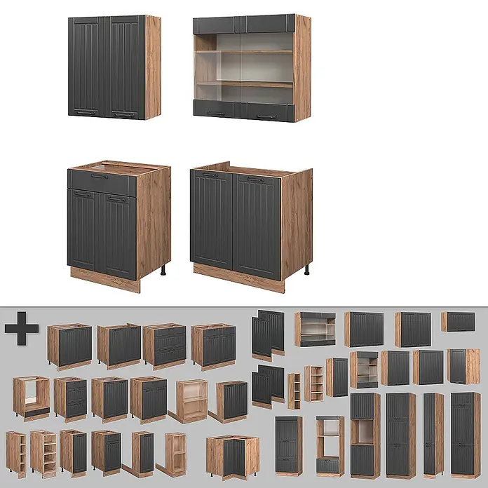 Vicco Singleküche Fame-Line Dunkelgrau, AP Eiche - Dunkelgrau, Mit AP Eiche - Küchenschränke in Dunkelgrau und Holzoptik, Ober- und Unterschränke, teilweise mit Glastüren, für ein modulares Küchensystem.