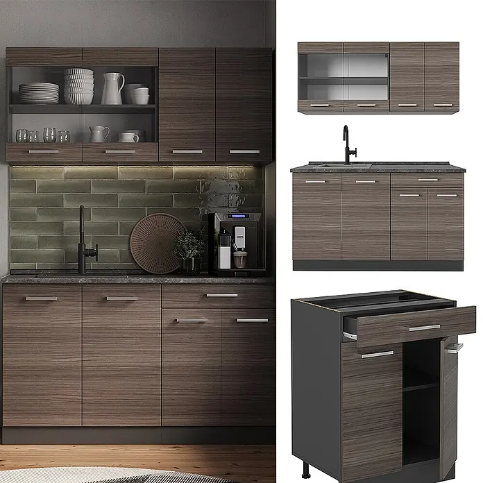 Vicco Singleküche R-Line Edelgrau/Anthrazit, AP Anthrazit - Breite: 140 cm, Edelgrau, Mit AP Anthrazit - Küchenschrank-Set in dunkler Holzoptik mit silbernen Griffen, bestehend aus Ober- und Unterschränken mit Arbeitsplatte.