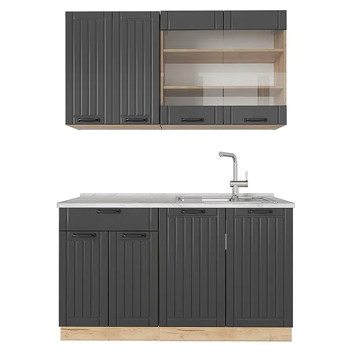 Vicco Singleküche Fame-Line Dunkelgrau, AP Marmor - Breite: 140 cm, Dunkelgrau, Mit AP Marmor - Dunkelgraue Küchenzeile mit hellen Holzdetails und weißer Marmor-Arbeitsplatte, inklusive Ober- und Unterschränken sowie Spülbecken.