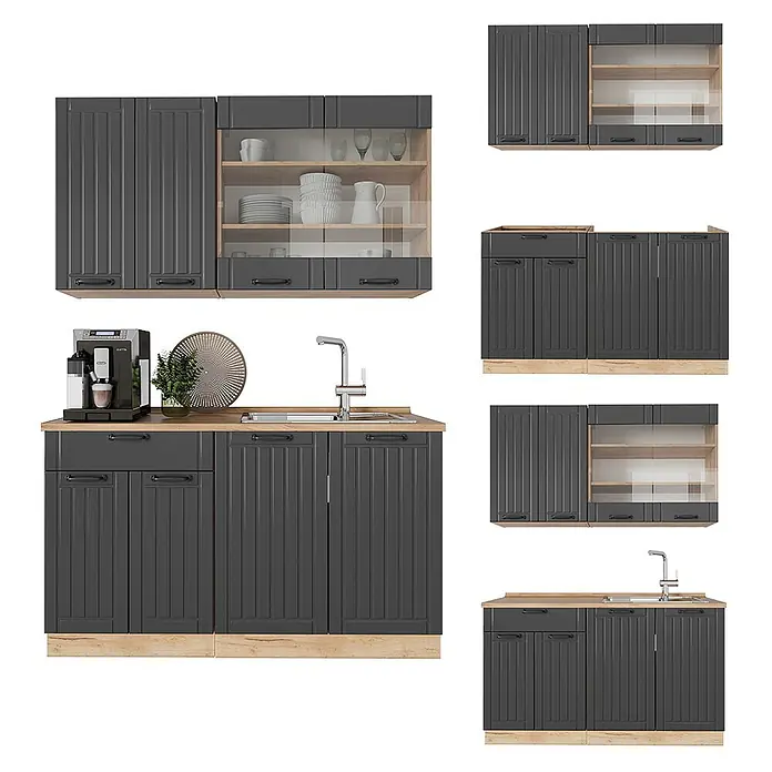 Vicco Singleküche Fame-Line Dunkelgrau, AP Eiche - Dunkelgrau, Mit AP Eiche - Dunkelgraues modulares Küchenschrank-Set mit Holzoptik-Arbeitsplatten und -Sockel, mit Ober- (Voll-/Glastüren) und Unterschränken (mit Spüle).