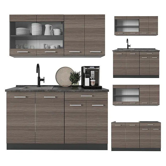 Vicco Singleküche R-Line Edelgrau/Anthrazit, AP Anthrazit - Breite: 140 cm, Edelgrau, Mit AP Anthrazit - Modulare Küchenschrank-Garnitur in grauem Holz-Look mit Spüle, Wasserhahn und verschiedenen Stauoptionen, inklusive Hängeschränken mit Glastüren.
