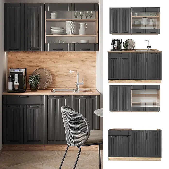 Vicco Singleküche Fame-Line Dunkelgrau, AP Eiche - Dunkelgrau, Mit AP Eiche - Dunkelgraue Küchenschränke mit Holzoptik-Arbeitsplatten und -Spritzschutz, teils mit Glasfronten und integrierter Spüle.