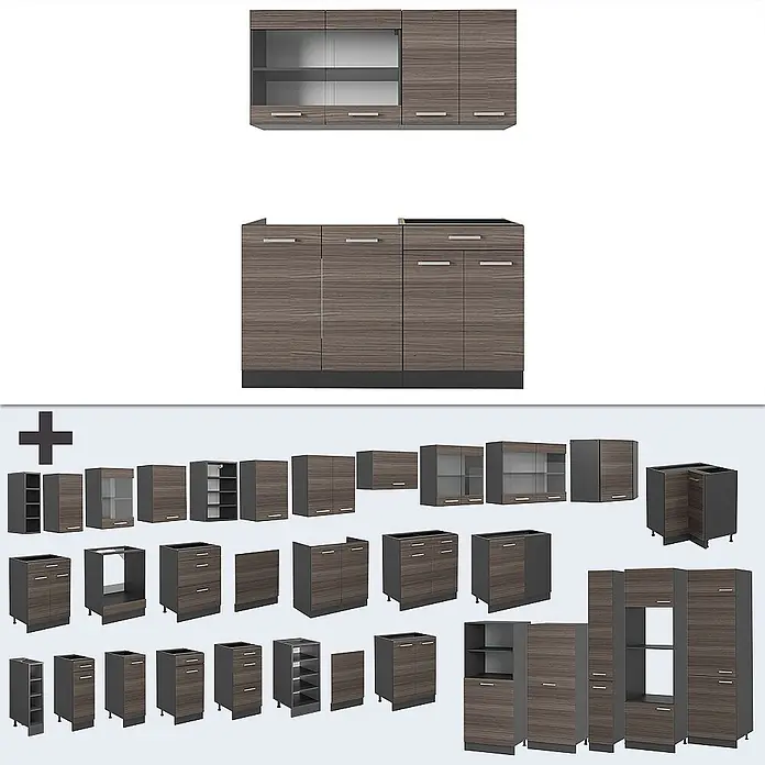 Vicco Singleküche R-Line Edelgrau/Anthrazit, AP Anthrazit - Breite: 140 cm, Edelgrau, Mit AP Anthrazit - Modulares Küchenschranksystem in dunklem Holzdekor und Dunkelgrau.