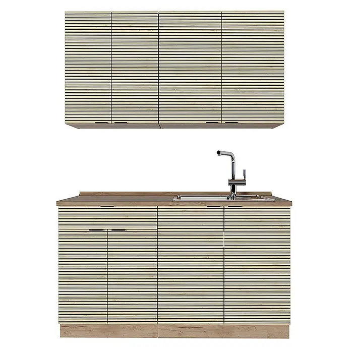 Vicco Singleküche Fame-Line Eiche Paneel/Goldkraft Eiche ohne Arbeitsplatte - Breite: 140 cm, Eiche Paneel, Ohne AP - Helles Küchenschrank-Set mit Lamellenfronten, Ober- und Unterschränken, Holzarbeitsplatte und integrierter Spüle mit Armatur.