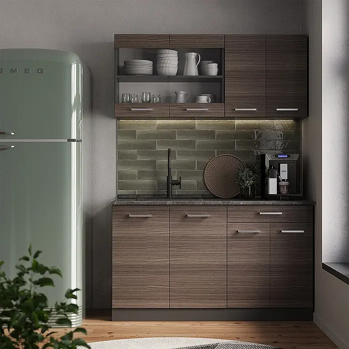 Vicco Schrankküche R-Line Edelgrau mit 2 Türen - Edelgrau, Dachschrägenschrank 60cm - Moderne Küche mit dunklen Holzschränken, grauer Arbeitsplatte und grünem Fliesenspiegel, neben einem hellgrünen Retro-Kühlschrank.