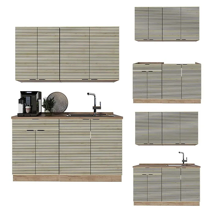 Vicco Singleküche Fame-Line Eiche Paneel/Goldkraft Eiche ohne Arbeitsplatte - Breite: 140 cm, Eiche Paneel, Ohne AP - Moderne Küchenschränke aus hellem Holz mit Lamellenstruktur, Spüle und Kaffeemaschine, Ober- und Unterschränke.