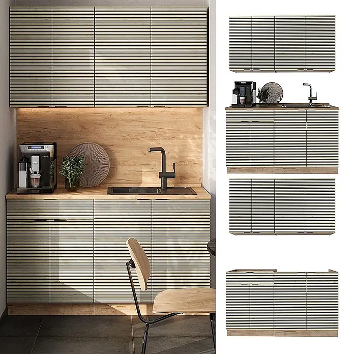 Vicco Singleküche Fame-Line Eiche Paneel/Goldkraft Eiche ohne Arbeitsplatte - Breite: 140 cm, Eiche Paneel, Ohne AP - Moderne Küchenschränke mit hellen, horizontal lamellierten Holztüren und einer Holztheke, mit Spüle und Kaffeemaschine.
