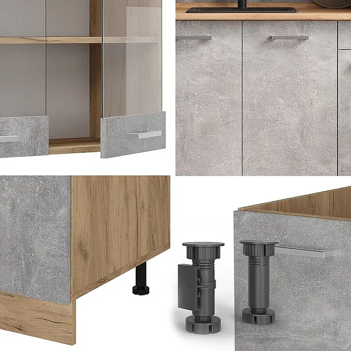 Vicco Singleküche R-Line Beton/Goldkraft Eiche ohne Arbeitsplatte - Beton, Ohne AP - Details modularer Möbel: Schränke in Beton- und Holzoptik, Griffe und verstellbare Füße.
