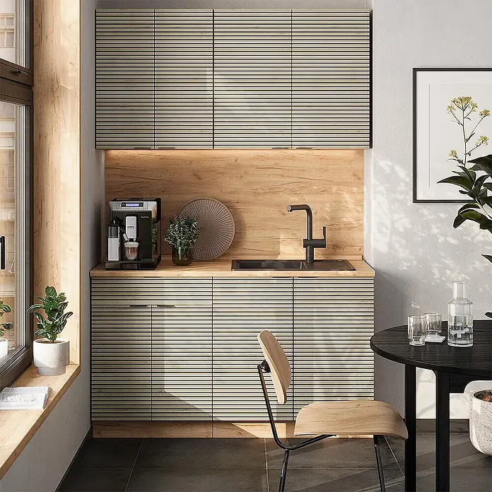 Vicco Singleküche Fame-Line Eiche Paneel/Goldkraft Eiche ohne Arbeitsplatte - Breite: 140 cm, Eiche Paneel, Ohne AP - Helle Küchenschränke mit horizontaler Lamellenstruktur, kombiniert mit einer Holzoptik-Rückwand, als kompakte Küchenzeile.