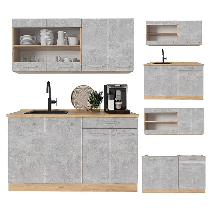 Vicco Singleküche R-Line Beton/Goldkraft Eiche ohne Arbeitsplatte - Beton, Ohne AP - Modulare Küchenschränke mit grauen Betonoptik-Fronten und hellen Eichenoptik-Arbeitsplatten und -Sockeln, inklusive Ober- und Unterschränken.