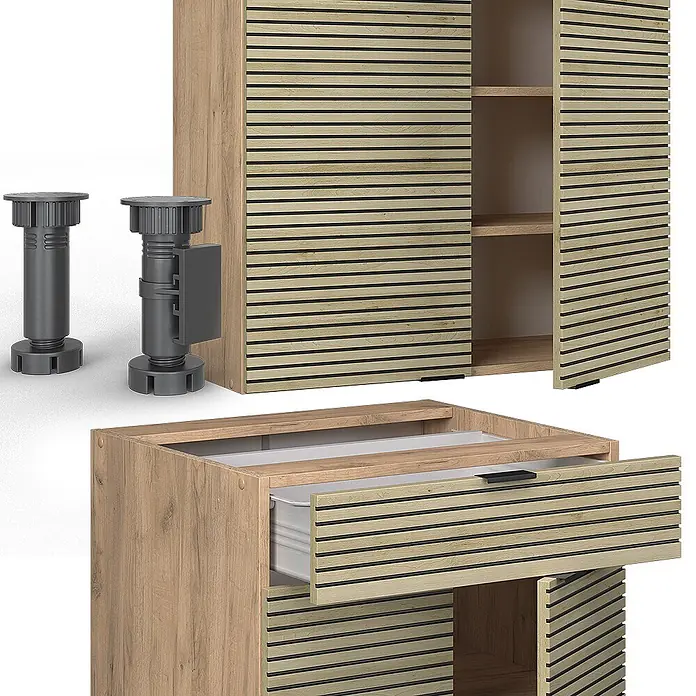 Vicco Singleküche Fame-Line Eiche Paneel/Goldkraft Eiche ohne Arbeitsplatte - Breite: 140 cm, Eiche Paneel, Ohne AP - Modulares Sideboard aus heller Eiche mit Lamellentüren/-schubladen und verstellbaren grauen Füßen.