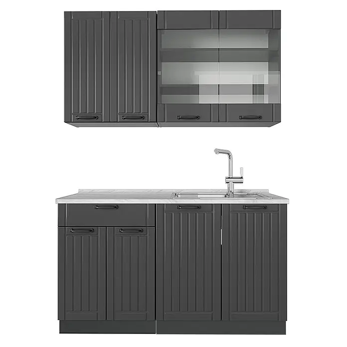 Vicco Singleküche Fame-Line Dunkelgrau, AP Marmor - Breite: 140 cm, Dunkelgrau, Mit AP Marmor - Dunkelgraue Küchenschränke mit Rillenfronten, schwarzen Griffen, weißer Arbeitsplatte, Spüle und Armatur. Inklusive Oberschrank mit Glastüren.