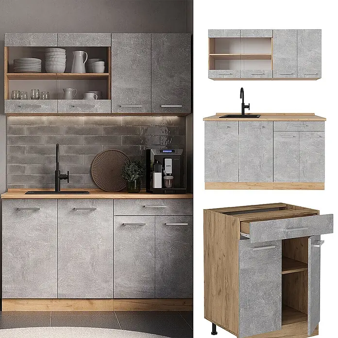 Vicco Singleküche R-Line Beton/Goldkraft Eiche ohne Arbeitsplatte - Beton, Ohne AP - Moderne Küchenzeile mit Betonoptik-Fronten in Grau und Holzakzenten. Mit Ober- und Unterschränken, offenen Regalen und Spüle.