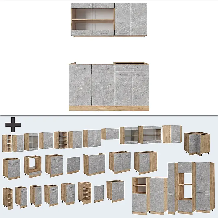 Vicco Singleküche R-Line Beton/Goldkraft Eiche ohne Arbeitsplatte - Beton, Ohne AP - Modulares Küchenschranksystem mit grauen Betonoptik-Fronten und hellen Holzelementen.