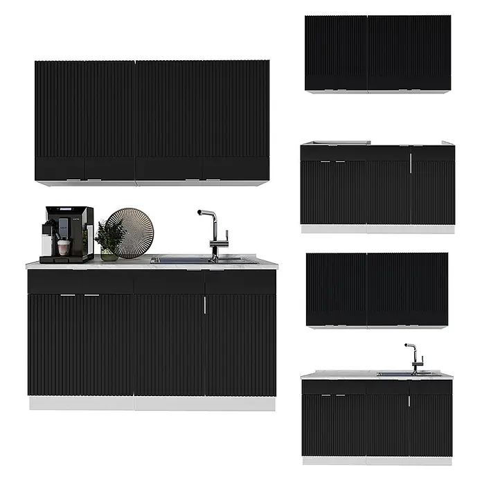 Vicco Singleküche Fame-Line Schwarz gestreift/Weiß, AP Eiche - Breite: 140 cm, Schwarz gestreift, Mit AP Eiche - Schwarze geriffelte Küchenschränke und Unterschränke mit weißer Arbeitsplatte, Spüle und Kaffeemaschine.