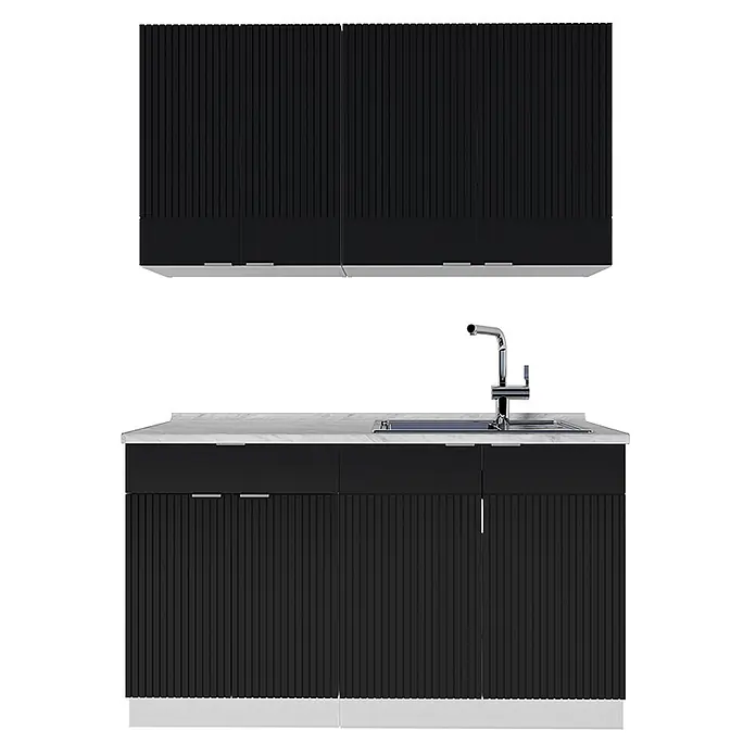 Vicco Singleküche Fame-Line Schwarz gestreift/Weiß ohne Arbeitsplatte - Breite: 140 cm, Schwarz gestreift, Ohne AP - Schwarze Küchenschränke mit geriffelten Paneelen, weißer Marmor-Arbeitsplatte und Chrom-Spülbeckenarmatur.