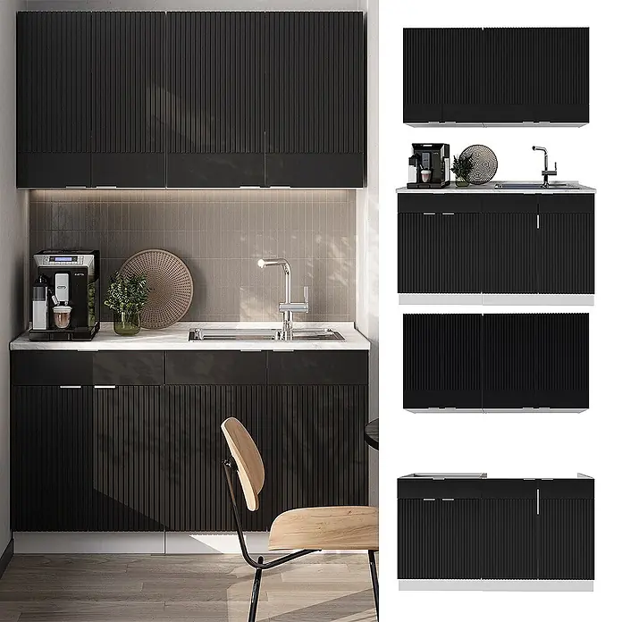 Vicco Singleküche Fame-Line Schwarz gestreift/Weiß, AP Eiche - Breite: 140 cm, Schwarz gestreift, Mit AP Eiche - Schwarze geriffelte Küchenschrankgarnitur mit Ober- und Unterschränken, Spüle und Kaffeemaschine in kompakter Küchenzeile.