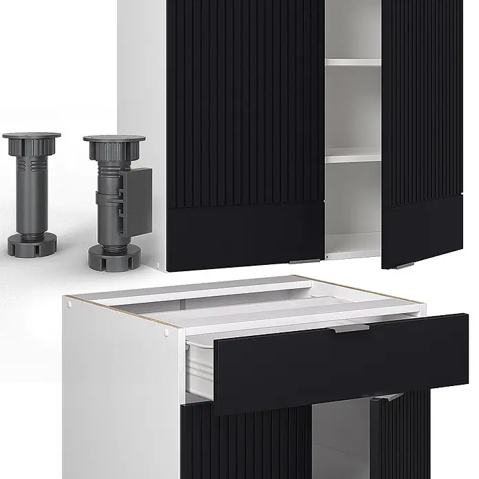 Vicco Singleküche Fame-Line Schwarz gestreift/Weiß, AP Eiche - Breite: 140 cm, Schwarz gestreift, Mit AP Eiche - Verstellbare dunkelgraue Möbelfüße und weiße Schrankelemente mit schwarzen geriffelten Türen und einer offenen Schublade.