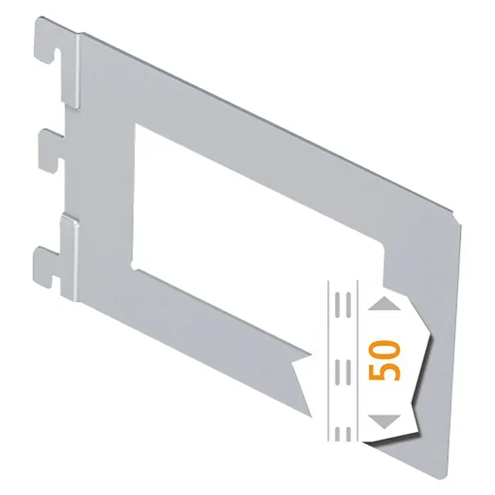 Element System Bücherbügel - 11,8 x 14,3 cm, Geeignet für: Schiene Classic Raster 50, Weiß - Ein silberner Wandmontagerahmen mit einer Größenangabe von 50, ideal für die Installation von Bauelementen.
