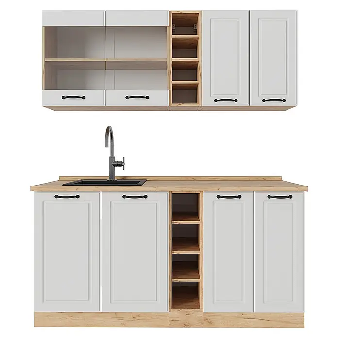 Vicco Singleküche R-Line Weiß Landhaus/Goldkraft Eiche, AP Eiche - Breite: 160 cm, Weiß Landhaus, Mit AP Eiche - Weiß-helles Holzoptik Küchenschrank-Set mit schwarzen Griffen, Spülbecken, offenen Regalen, Schubladen und Schränken.