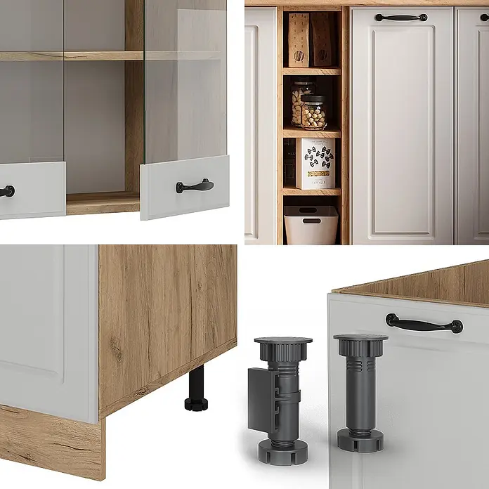 Vicco Singleküche R-Line Weiß Landhaus/Goldkraft Eiche, AP Marmor - Breite: 160 cm, Weiß Landhaus, Mit AP Marmor - Modulares Küchenschranksystem: helles Holz, weiße Paneele, schwarze Griffe, Glastüren und verstellbare Füße.