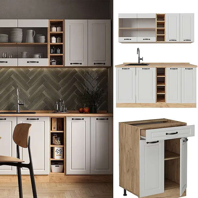 Vicco Singleküche R-Line Weiß Landhaus/Goldkraft Eiche, AP Marmor - Breite: 160 cm, Weiß Landhaus, Mit AP Marmor - Modulküche mit weißen Schranktüren, schwarzen Griffen und hellen Holzelementen, in verschiedenen Konfigurationen gezeigt.