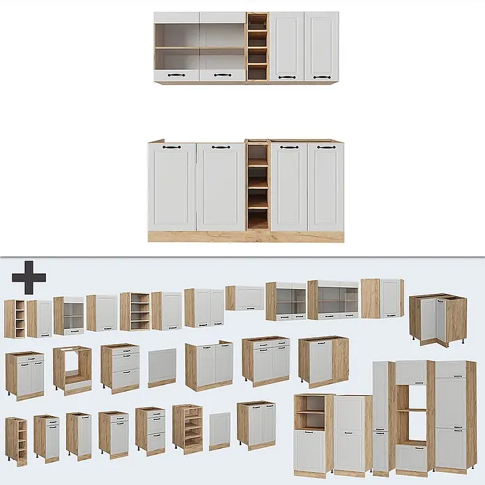 Vicco Singleküche R-Line Weiß Landhaus/Goldkraft Eiche, AP Marmor - Breite: 160 cm, Weiß Landhaus, Mit AP Marmor - Modulare Küchenschränke mit weißen Türen, heller Holzoptik und schwarzen Griffen. Verschiedene Wand- und Unterschränke.